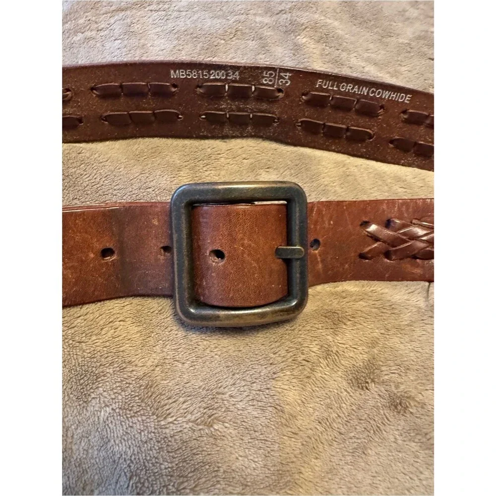 Fossil Brown Braided Leather Belt with Antiqued Metal Buckle 1990s era size 34